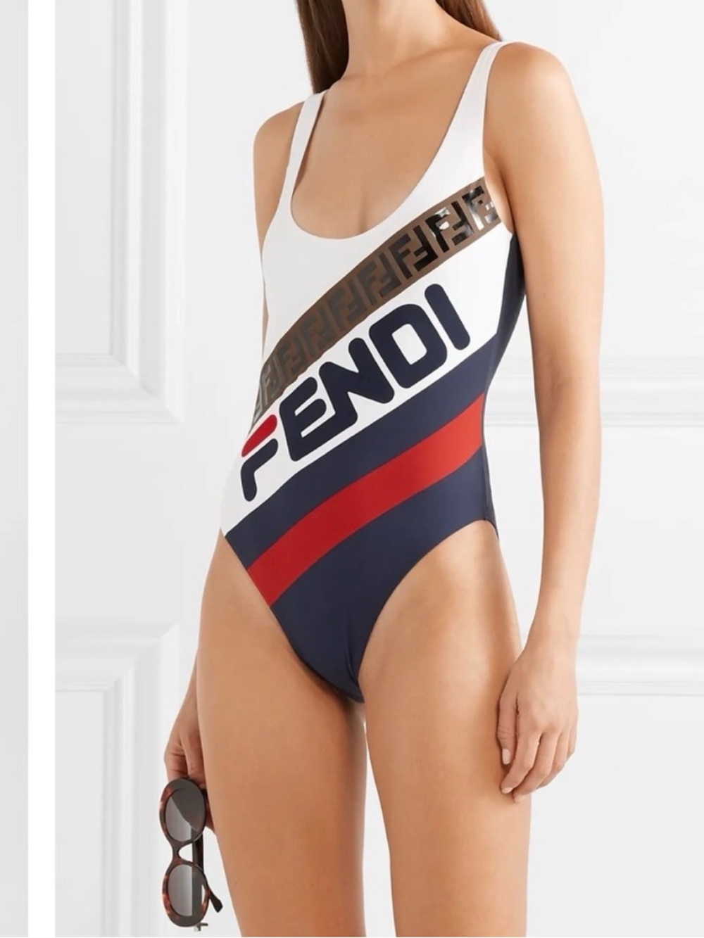 NWT Fendi x Fila White One-Piece Swimsuit with Blue, Red & Brown Logos